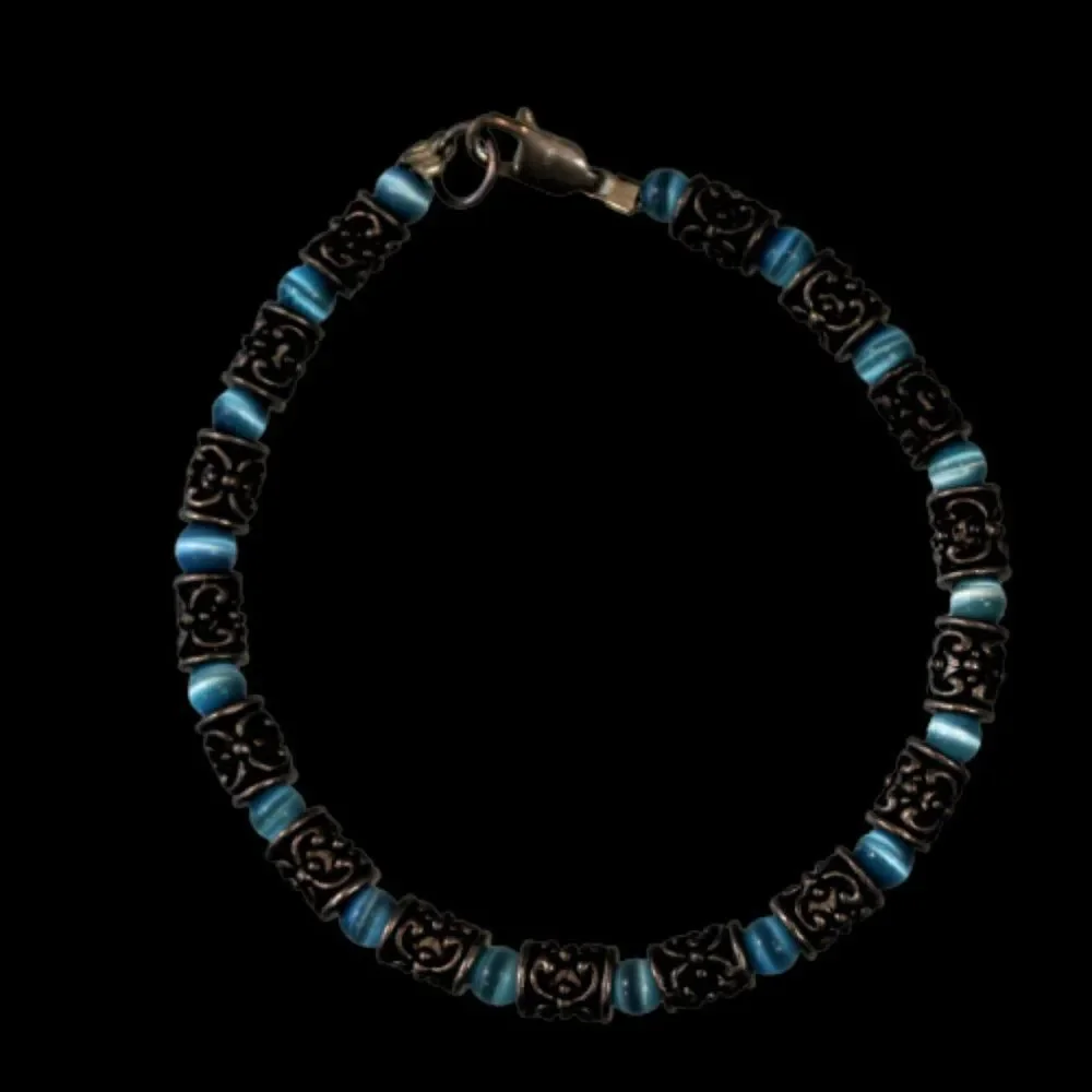 Beaded Bracelet Silver Tone Cylinder Beads with Blue Glass Spacers Stackable 6